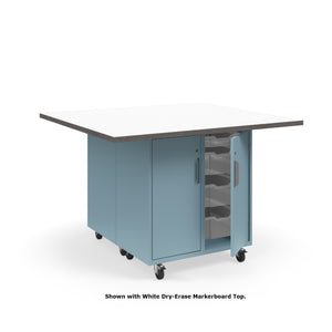 KI Ruckus Mobile Worktable, Double-Faced Cubby and Tote Storage with Doors, 54" W x 48" D, (6) 6" & (2) 3" Totes, 1-1/4" Laminate Top, FREE SHIPPING