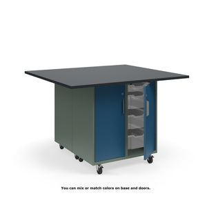 KI Ruckus Mobile Worktable, Double-Faced Cubby and Tote Storage with Doors, 54" W x 48" D, (6) 6" & (2) 3" Totes, 1" Black Phenolic Resin Top, FREE SHIPPING