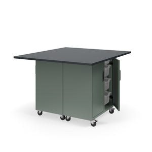 KI Ruckus Mobile Worktable, Double-Faced Cubby and Tote Storage with Doors, 54" W x 48" D, (6) 6" & (2) 3" Totes, 1" Black Phenolic Resin Top, FREE SHIPPING