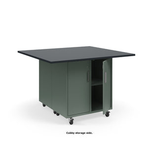 KI Ruckus Mobile Worktable, Double-Faced Cubby and Tote Storage with Doors, 54" W x 48" D, (6) 6" & (2) 3" Totes, 1" Black Phenolic Resin Top, FREE SHIPPING