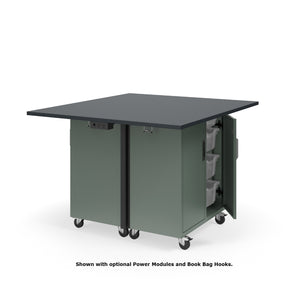 KI Ruckus Mobile Worktable, Double-Faced Cubby and Tote Storage with Doors, 54" W x 48" D, (6) 6" & (2) 3" Totes, 1" Black Phenolic Resin Top, FREE SHIPPING