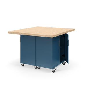 KI Ruckus Mobile Worktable, Double-Faced Cubby and Tote Storage with Doors, 54" W x 48" D, (6) 6" & (2) 3" Totes, 1-3/4" Maple Butcher Block Wood Top, FREE SHIPPING