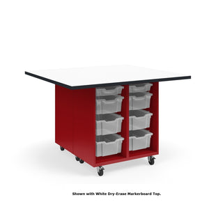 KI Ruckus Mobile Worktable, Double-Faced Open Cubby and Tote Storage, 54" W x 48" D, (6) 6" & (2) 3" Totes, 1-1/4" Laminate Top, FREE SHIPPING