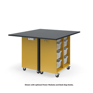 KI Ruckus Mobile Worktable, Double-Faced Open Cubby and Tote Storage, 54" W x 48" D, (6) 6" & (2) 3" Totes, 1" Black Phenolic Resin Top, FREE SHIPPING