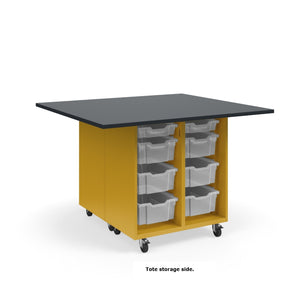 KI Ruckus Mobile Worktable, Double-Faced Open Cubby and Tote Storage, 54" W x 48" D, (6) 6" & (2) 3" Totes, 1" Black Phenolic Resin Top, FREE SHIPPING