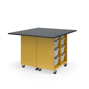 KI Ruckus Mobile Worktable, Double-Faced Open Cubby and Tote Storage, 54" W x 48" D, (6) 6" & (2) 3" Totes, 1" Black Phenolic Resin Top, FREE SHIPPING