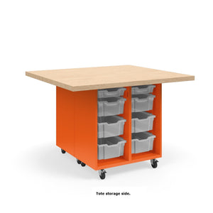 KI Ruckus Mobile Worktable, Double-Faced Open Cubby and Tote Storage, 54" W x 48" D, (6) 6" & (2) 3" Totes, 1-3/4" Maple Butcher Block Wood Top, FREE SHIPPING