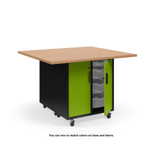 KI Ruckus Mobile Worktable, Double-Faced Tote Storage with Doors, 54" W x 48" D, (12) 6" & (4) 3" Totes, 1-1/4" Laminate Top, FREE SHIPPING