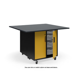 KI Ruckus Mobile Worktable, Double-Faced Tote Storage with Doors, 54" W x 48" D,  (12) 6" & (4) 3" Totes, 1" Black Phenolic Resin Top, FREE SHIPPING