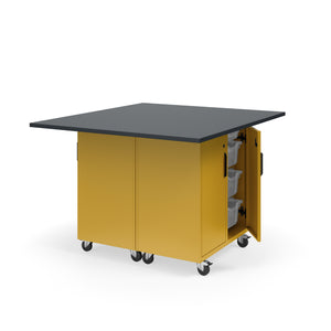KI Ruckus Mobile Worktable, Double-Faced Tote Storage with Doors, 54" W x 48" D,  (12) 6" & (4) 3" Totes, 1" Black Phenolic Resin Top, FREE SHIPPING