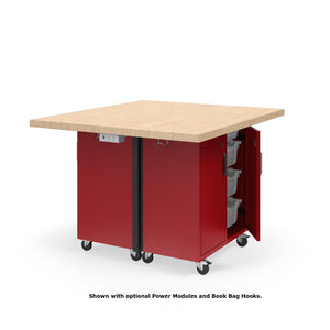 KI Ruckus Mobile Worktable, Double-Faced Tote Storage with Doors, 54" W x 48" D, (12) 6" & (4) 3" Totes, 1-3/4" Maple Butcher Block Wood Top, FREE SHIPPING