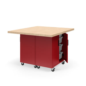 KI Ruckus Mobile Worktable, Double-Faced Tote Storage with Doors, 54" W x 48" D, (12) 6" & (4) 3" Totes, 1-3/4" Maple Butcher Block Wood Top, FREE SHIPPING