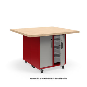KI Ruckus Mobile Worktable, Double-Faced Tote Storage with Doors, 54" W x 48" D, (12) 6" & (4) 3" Totes, 1-3/4" Maple Butcher Block Wood Top, FREE SHIPPING