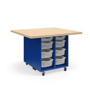 KI Ruckus Mobile Worktable, Double-Faced Open Tote Storage, 54" W x 48" D, (12) 6" & (4) 3" Totes, 1-3/4" Maple Butcher Block Wood Top, FREE SHIPPING