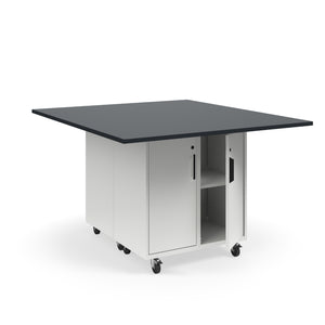 KI Ruckus Mobile Worktable, Double-Faced 2x2 Cubby Storage with Doors, 54" W x 60" D, 1" Black Phenolic Resin Top, FREE SHIPPING
