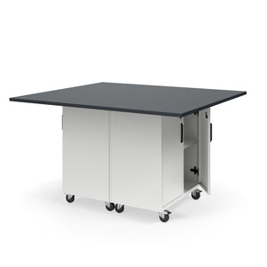 KI Ruckus Mobile Worktable, Double-Faced 2x2 Cubby Storage with Doors, 54" W x 60" D, 1" Black Phenolic Resin Top, FREE SHIPPING