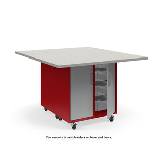KI Ruckus Mobile Worktable, Double-Faced Cubby and Tote Storage with Doors, 54" W x 60" D, (6) 6" & (2) 3" Totes, 1-1/4" Laminate Top, FREE SHIPPING