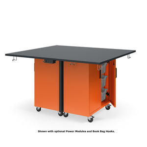 KI Ruckus Mobile Worktable, Double-Faced Cubby and Tote Storage with Doors, 54" W x 60" D, (6) 6" & (2) 3" Totes, 1" Black Phenolic Resin Top, FREE SHIPPING