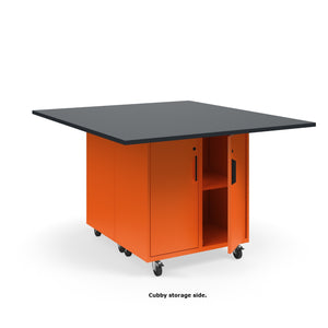 KI Ruckus Mobile Worktable, Double-Faced Cubby and Tote Storage with Doors, 54" W x 60" D, (6) 6" & (2) 3" Totes, 1" Black Phenolic Resin Top, FREE SHIPPING