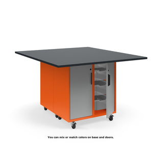 KI Ruckus Mobile Worktable, Double-Faced Cubby and Tote Storage with Doors, 54" W x 60" D, (6) 6" & (2) 3" Totes, 1" Black Phenolic Resin Top, FREE SHIPPING