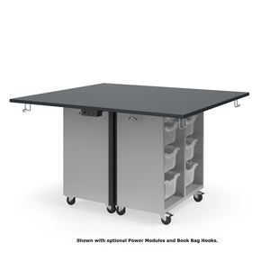 KI Ruckus Mobile Worktable, Double-Faced Open Cubby and Tote Storage, 54" W x 60" D, (6) 6" & (2) 3" Totes, 1" Black Phenolic Resin Top, FREE SHIPPING