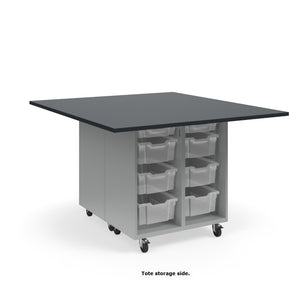 KI Ruckus Mobile Worktable, Double-Faced Open Cubby and Tote Storage, 54" W x 60" D, (6) 6" & (2) 3" Totes, 1" Black Phenolic Resin Top, FREE SHIPPING