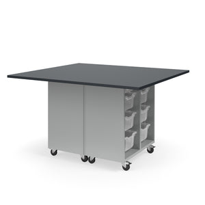 KI Ruckus Mobile Worktable, Double-Faced Open Cubby and Tote Storage, 54" W x 60" D, (6) 6" & (2) 3" Totes, 1" Black Phenolic Resin Top, FREE SHIPPING
