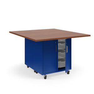 KI Ruckus Mobile Worktable, Double-Faced Tote Storage with Doors, 54" W x 60" D,  (12) 6" & (4) 3" Totes, 1-1/4" Laminate Top, FREE SHIPPING