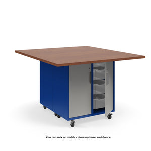 KI Ruckus Mobile Worktable, Double-Faced Tote Storage with Doors, 54" W x 60" D,  (12) 6" & (4) 3" Totes, 1-1/4" Laminate Top, FREE SHIPPING
