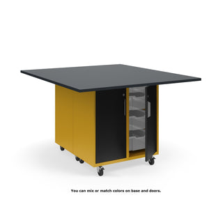 KI Ruckus Mobile Worktable, Double-Faced Tote Storage with Doors, 54" W x 60" D,  (12) 6" & (4) 3" Totes, 1" Black Phenolic Resin Top, FREE SHIPPING