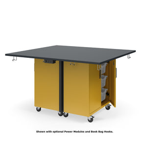 KI Ruckus Mobile Worktable, Double-Faced Tote Storage with Doors, 54" W x 60" D,  (12) 6" & (4) 3" Totes, 1" Black Phenolic Resin Top, FREE SHIPPING