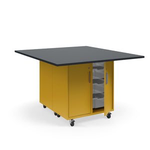 KI Ruckus Mobile Worktable, Double-Faced Tote Storage with Doors, 54" W x 60" D,  (12) 6" & (4) 3" Totes, 1" Black Phenolic Resin Top, FREE SHIPPING