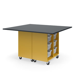 KI Ruckus Mobile Worktable, Double-Faced Open Tote Storage, 54" W x 60" D, (12) 6" & (4) 3" Totes, 1" Black Phenolic Resin Top, FREE SHIPPING