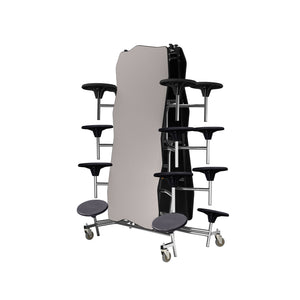 Mobile Cafeteria Table with 16 Stools, 12' Bedrock, MDF Core, Black ProtectEdge, Chrome Frame