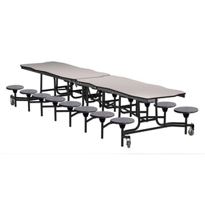 Mobile Cafeteria Table with 16 Stools, 12' Bedrock, Plywood Core, Vinyl T-Mold Edge, Textured Black Frame