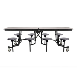 Mobile Cafeteria Table with 8 Stools, 8' Bedrock, MDF Core, Black ProtectEdge, Textured Black Frame