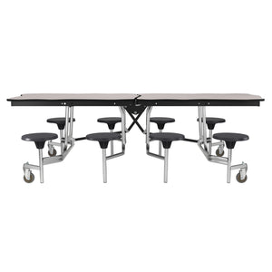 Mobile Cafeteria Table with 8 Stools, 8' Bedrock, Plywood Core, Vinyl T-Mold Edge, Chrome Frame