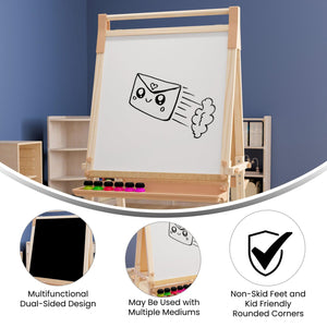 Bright Beginnings Commercial Grade Classroom Freestanding Wood Art Easel with Chalk Board, Dry-Erase Board, 2 Trays, Paper Roller, Paper Tear Bar, Natural Finish