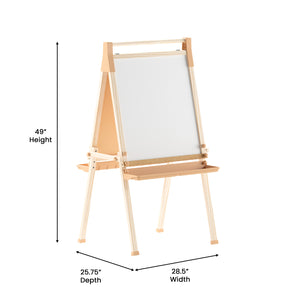 Bright Beginnings Commercial Grade Classroom Freestanding Wood Art Easel with Chalk Board, Dry-Erase Board, 2 Trays, Paper Roller, Paper Tear Bar, Natural Finish