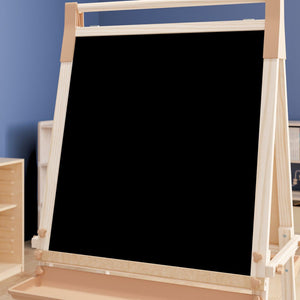 Bright Beginnings Commercial Grade Classroom Freestanding Wood Art Easel with Chalk Board, Dry-Erase Board, 2 Trays, Paper Roller, Paper Tear Bar, Natural Finish