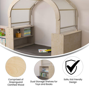 Bright Beginnings Commercial Grade Wooden Quiet Corner Reading Nook with Two Storage Shelf Units and Canopy