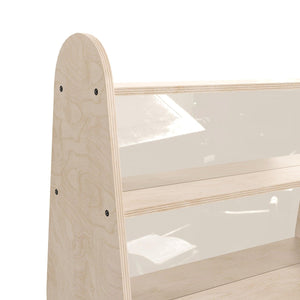 Bright Beginnings Commercial Grade 3 Shelf Double Sided Wooden Classroom Storage Unit with Clear Plastic Divider, Natural Finish