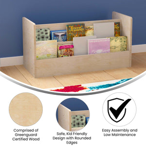 Bright Beginnings Commercial Grade Modular Double Sided 2 Tier Wooden Classroom Book Display Shelf, Natural Finish