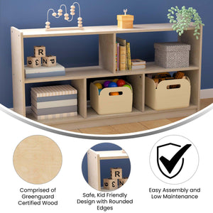 Bright Beginnings Commercial Grade Extra Wide 5 Section Modular Wooden Classroom Open Storage Unit, Natural Finish