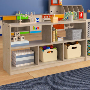 Bright Beginnings Commercial Grade Extra Wide 5 Section Modular Wooden Classroom Open Storage Unit, Natural Finish