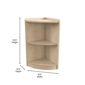 Bright Beginnings Commercial Grade 2 Tier Wooden Classroom Corner Storage Unit with Rounded Front Edges, Natural Finish
