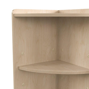 Bright Beginnings Commercial Grade 2 Tier Wooden Classroom Corner Storage Unit with Rounded Front Edges, Natural Finish