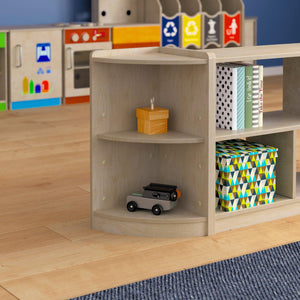 Bright Beginnings Commercial Grade 2 Tier Wooden Classroom Corner Storage Unit with Rounded Front Edges, Natural Finish