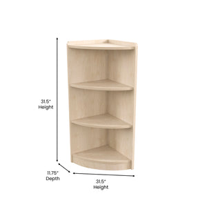 Bright Beginnings Commercial Grade 3 Tier Wooden Classroom Corner Storage Unit with Rounded Front Edges, Natural Finish