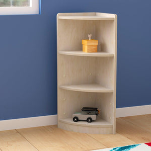 Bright Beginnings Commercial Grade 3 Tier Wooden Classroom Corner Storage Unit with Rounded Front Edges, Natural Finish